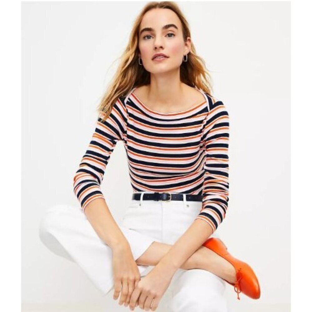 Ann Taylor LOFT Colorful Stripe Ribbed Boatneck Long Sleeve‎ Tee S